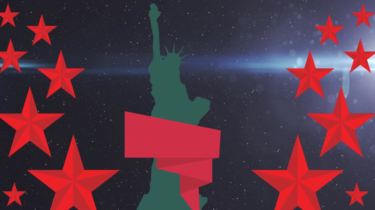 Animazione di stelle rosse e sagoma della Statua della Libertà su sfondo nero con luce.