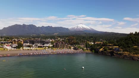 aerial shot of pucon and villarica volcano