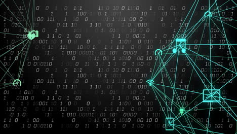 binary code and network connections animation over dark background