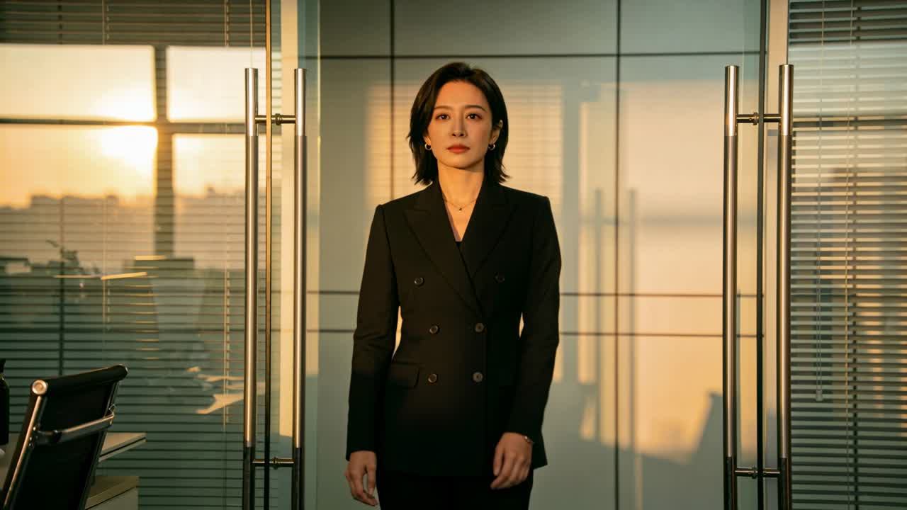 Asiatisk leder lægger mærke til bevægelse udenfor, drejer hovedet i glaskontor, sollys skaber skygger.