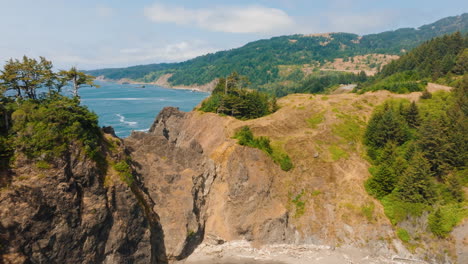 aerial view of rugged coastal cliffs and forest with ocean and beach
