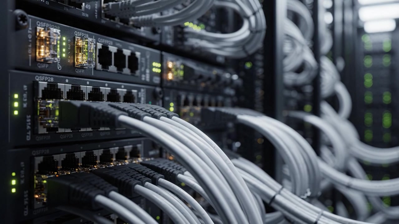Close-Up of Network Rack with Organized Cabling and Data Ports, Showcasing High-Tech Infrastructure in a Data Center Environment