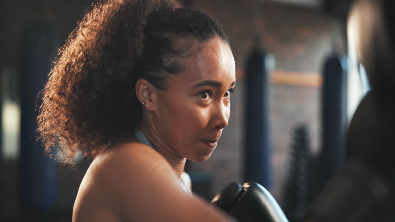 Sports, woman face and boxer punch training