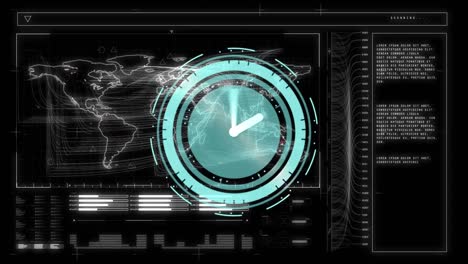 reloj digital sobre el mapa del mundo y interfaz digital con procesamiento de datos sobre fondo negro