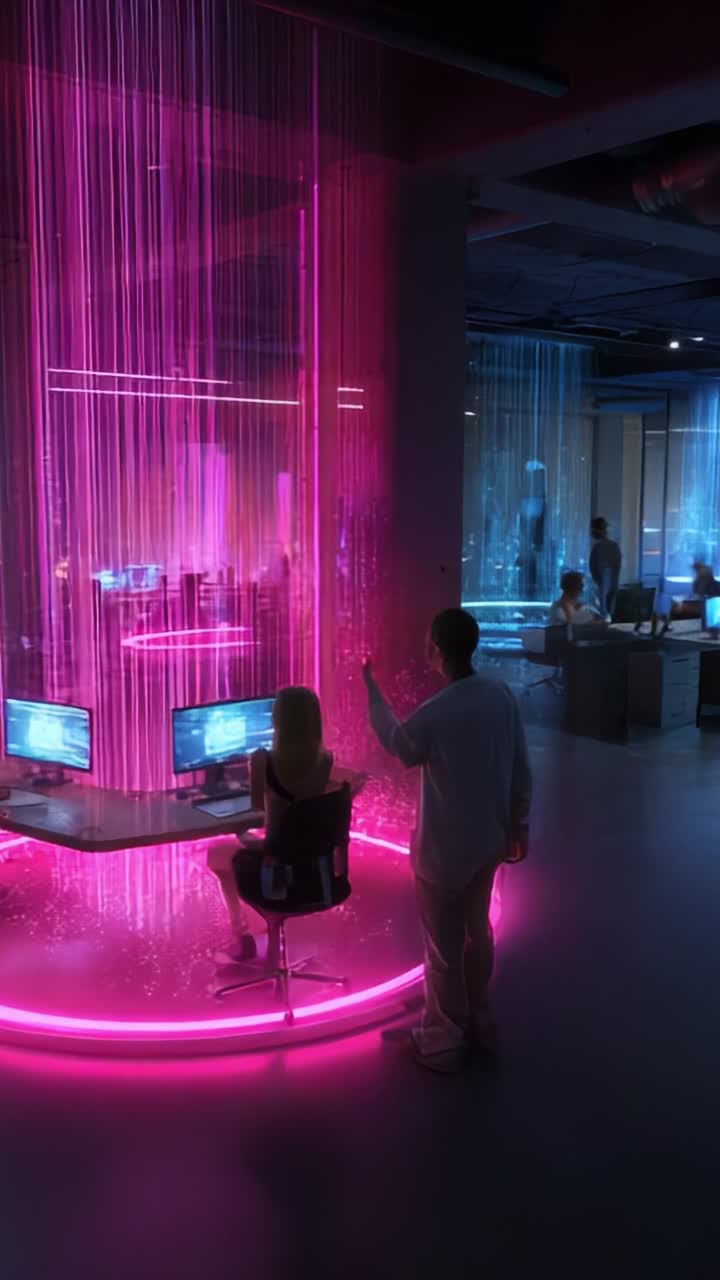 Futuristic Digital Workspace with Abstract Lighting: A Glimpse into Modern Technological Environments and Enhanced Productivity through Design