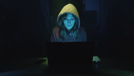 female hacker in hoodie jacket coding and developing malware on a laptop in the dark. medium shot, zoom-in