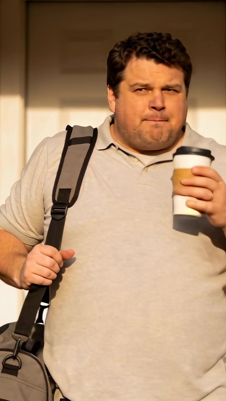Video vertical: Abriendo la puerta, hombre en polo y jeans saliendo balanceando una bolsa, bebiendo café para llevar.
