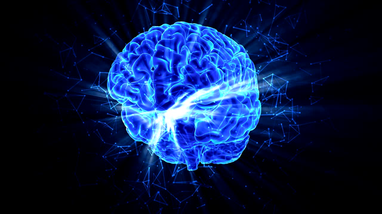 The rotating shining human brain around its axis.