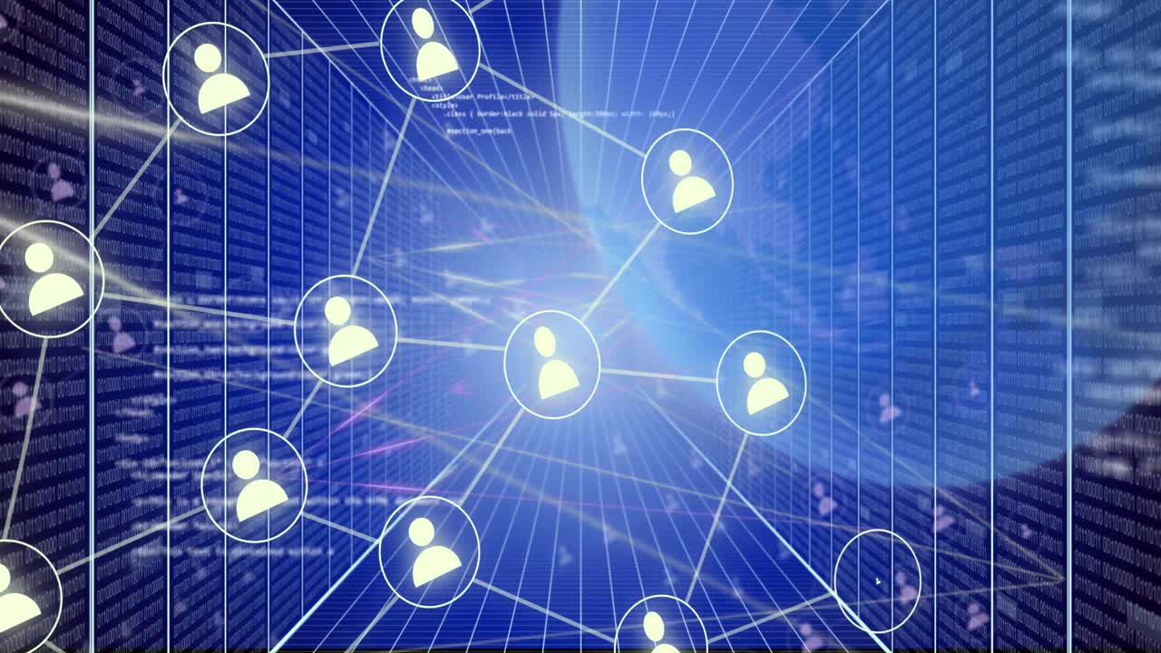 아이콘을 가진 연결 네트워크를 통해 데이터 처리의 애니메이션