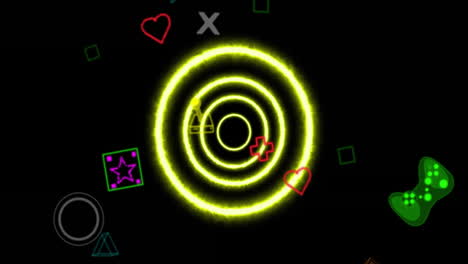 animación de iconos de juego sobre círculos de neón sobre fondo negro
