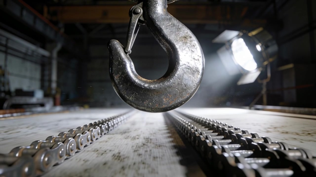 Gancio della gru che si abbassa in officina al segnale, allineandosi sopra le catene con fermo di sicurezza e luce che brilla