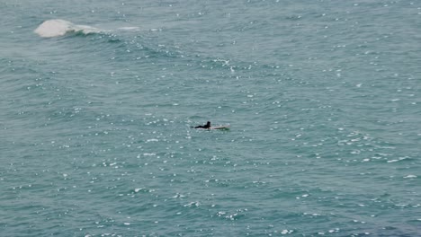 Surfer-paddling-out-to-catch-a-wave-at-Fistral-Beach,-Newquay,-Cornwall