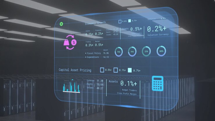 Animasjon av finansdata og grafer over bakgrunn av serverrom