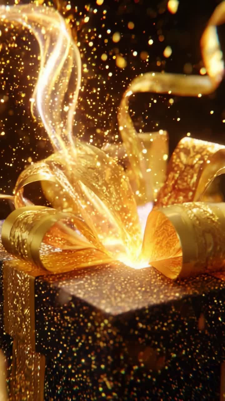 A Mesmerizing Transformation: The Unveiling of a Glittering Gift as Sparkling Particles Dance in the Air Around Elegant Golden Ribbons, Creating an Enchanting Atmosphere of Wonder and Excitement