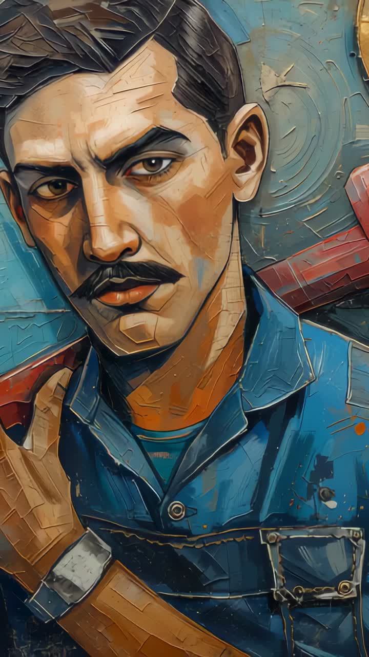 Vertical video: Slow camera move starting across mural portrait in blue work shirt, centering face