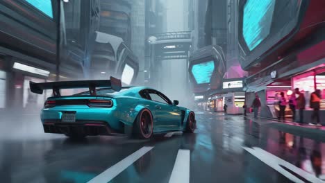 futuristic sports car in a cyberpunk city