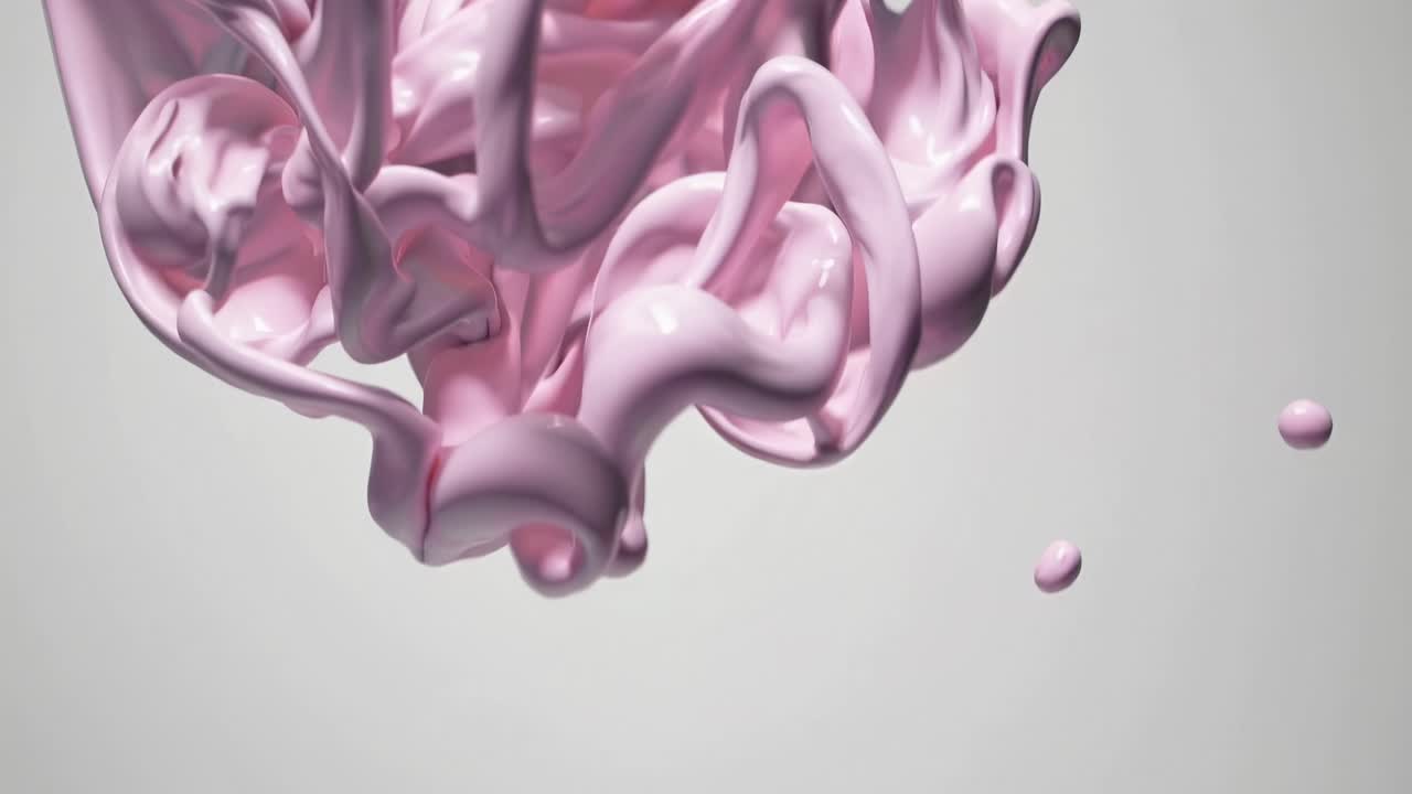 Remolinos abstractos de fluidos rosas se arremolinan en el aire, capturados desde una toma en ángulo bajo