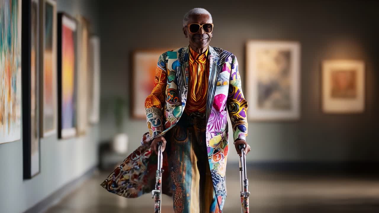 A charismatic figure adorned in a vibrant, floral-patterned coat and sunglasses gracefully navigates an art gallery, showcasing their distinctive style and personality amidst stunning artwork