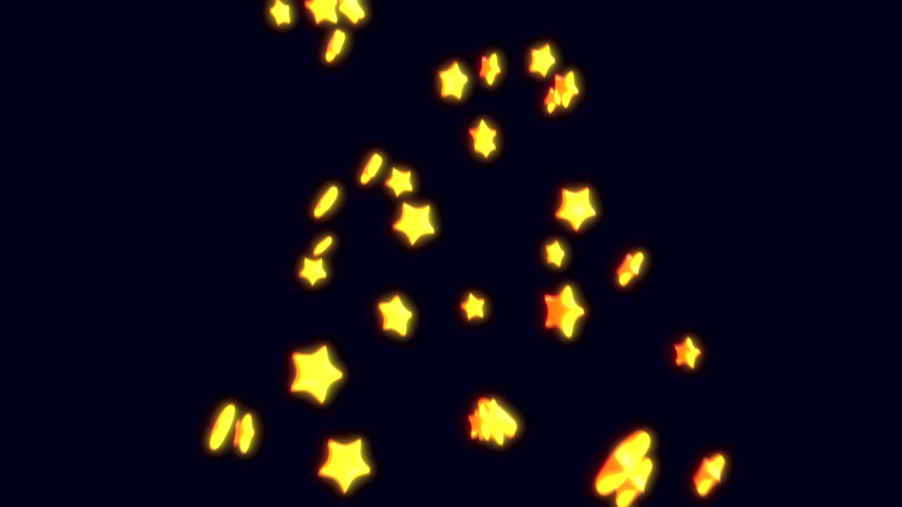 Realistic 3d cartoon yellow stars flying and rotated on black background. Abstract bright concept for games or broadcast decoration. Loop 3d animation.