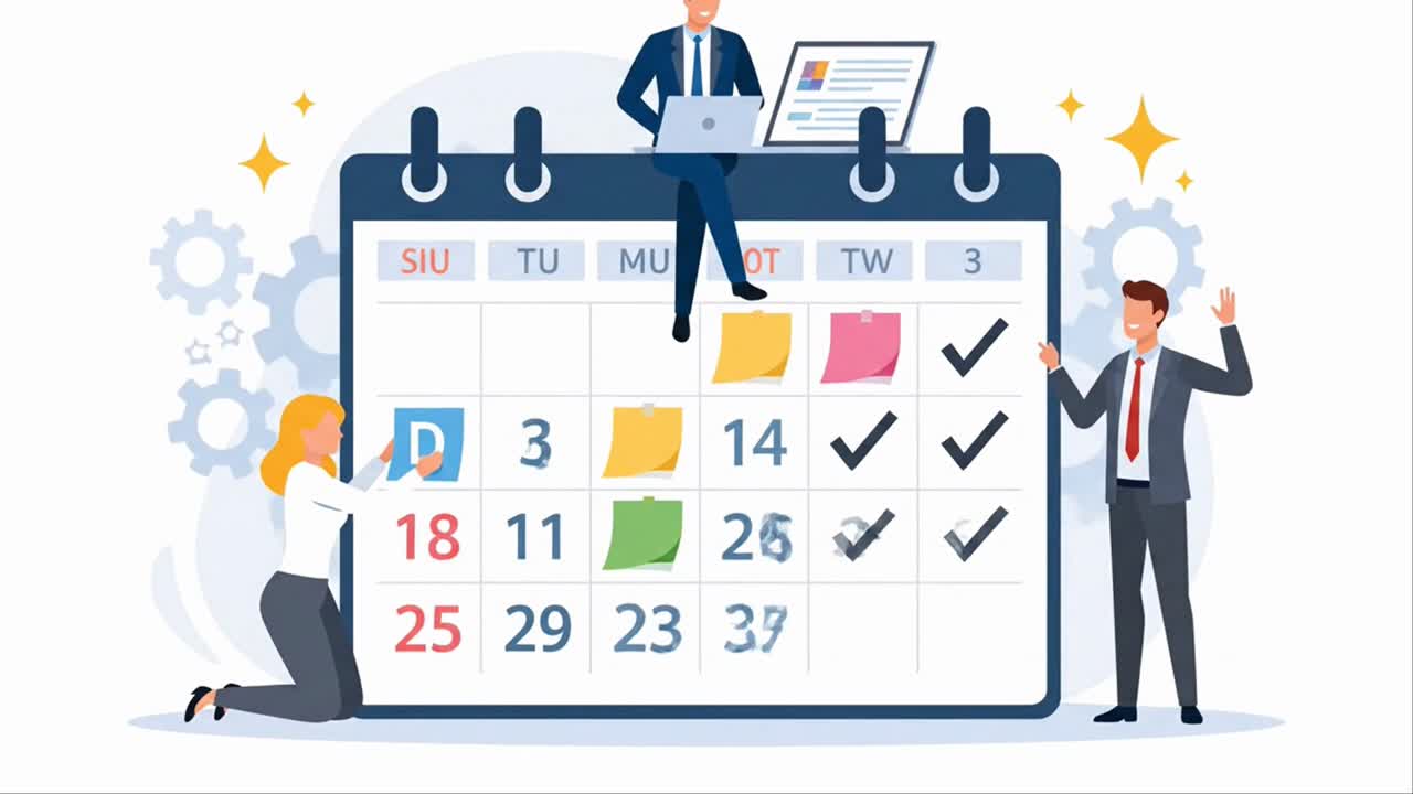 A business team collaborating to organize a project on a large calendar