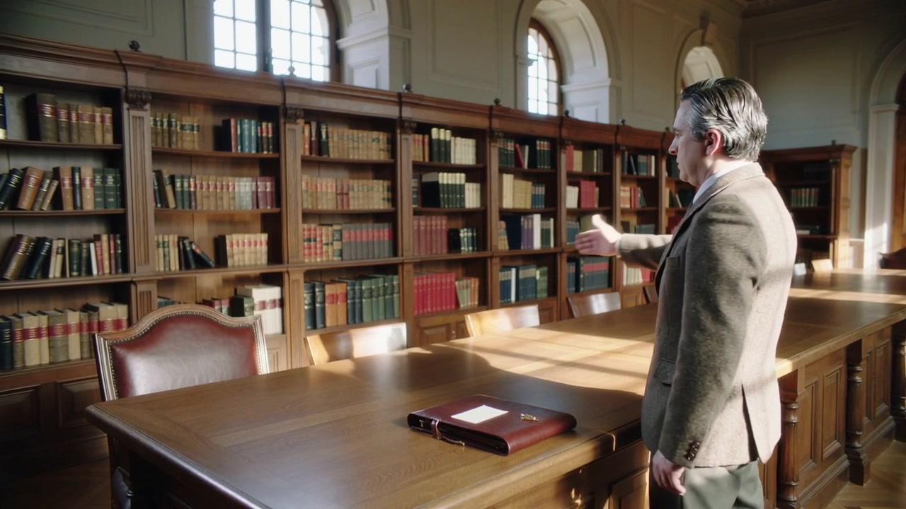 Placing man leaving note on folio in library, stepping back, gesturing toward stacks, copy space