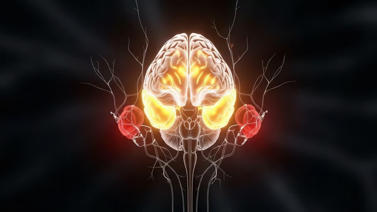 An Artistic Visualization of the Human Brain with Highlighted Kidney Connections, Portraying Neuroanatomy and Organ Interrelations in a Stunning Graphic Representation