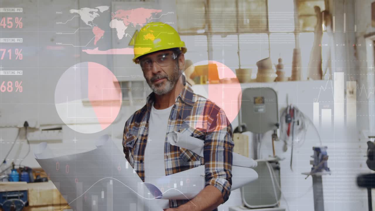 Animation of data processing over caucasian male architect holding plans in studio