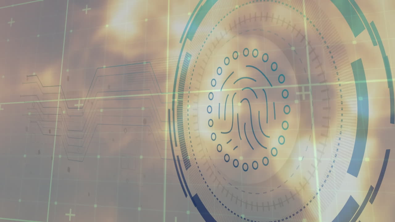 Digital fingerprint scanning animation over cloudy sky, futuristic technology concept