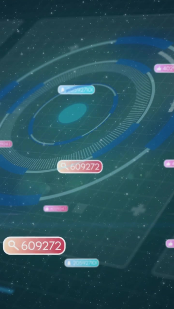 Animation of digital data points orbiting futuristic circular interface elements