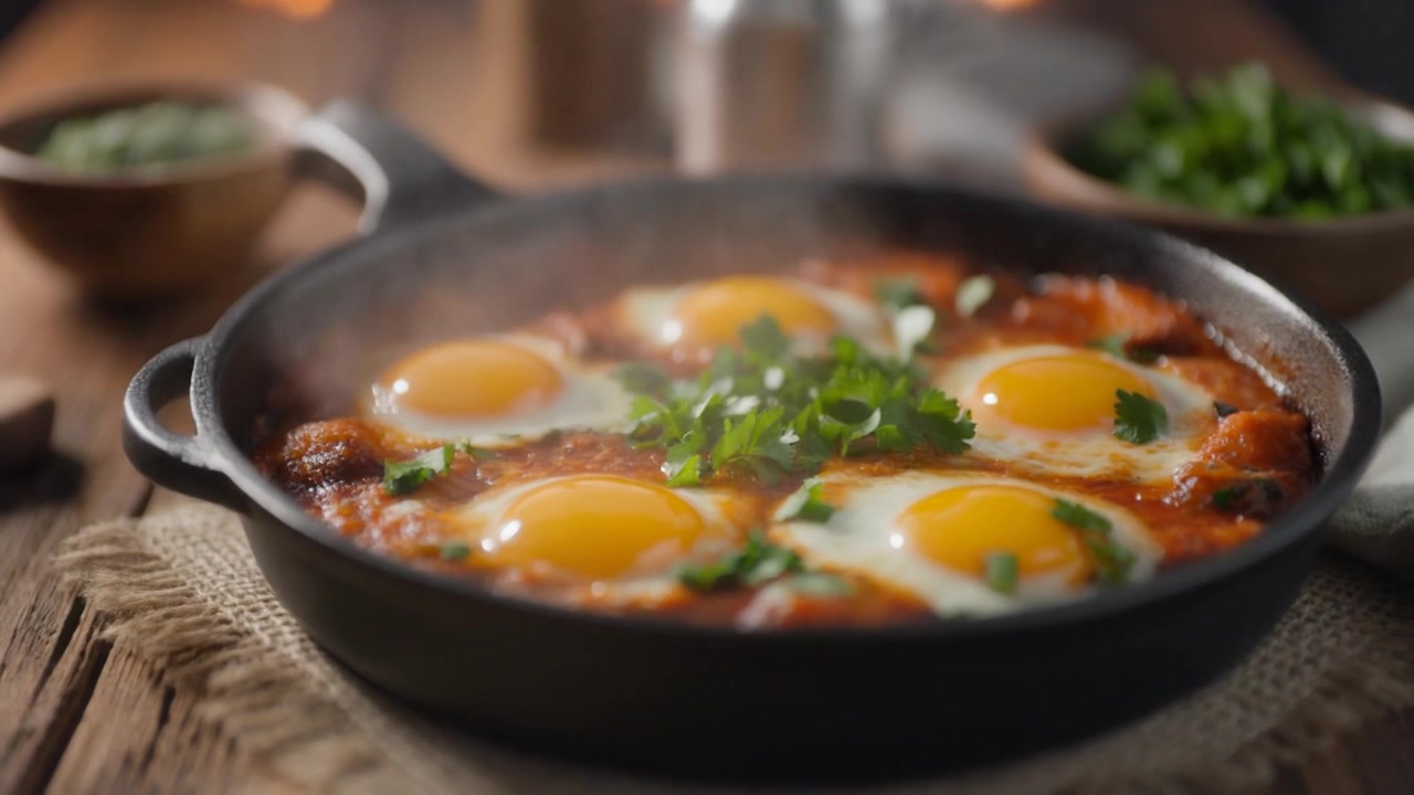 Shakshuka recém-preparada em uma frigideira de ferro fundido