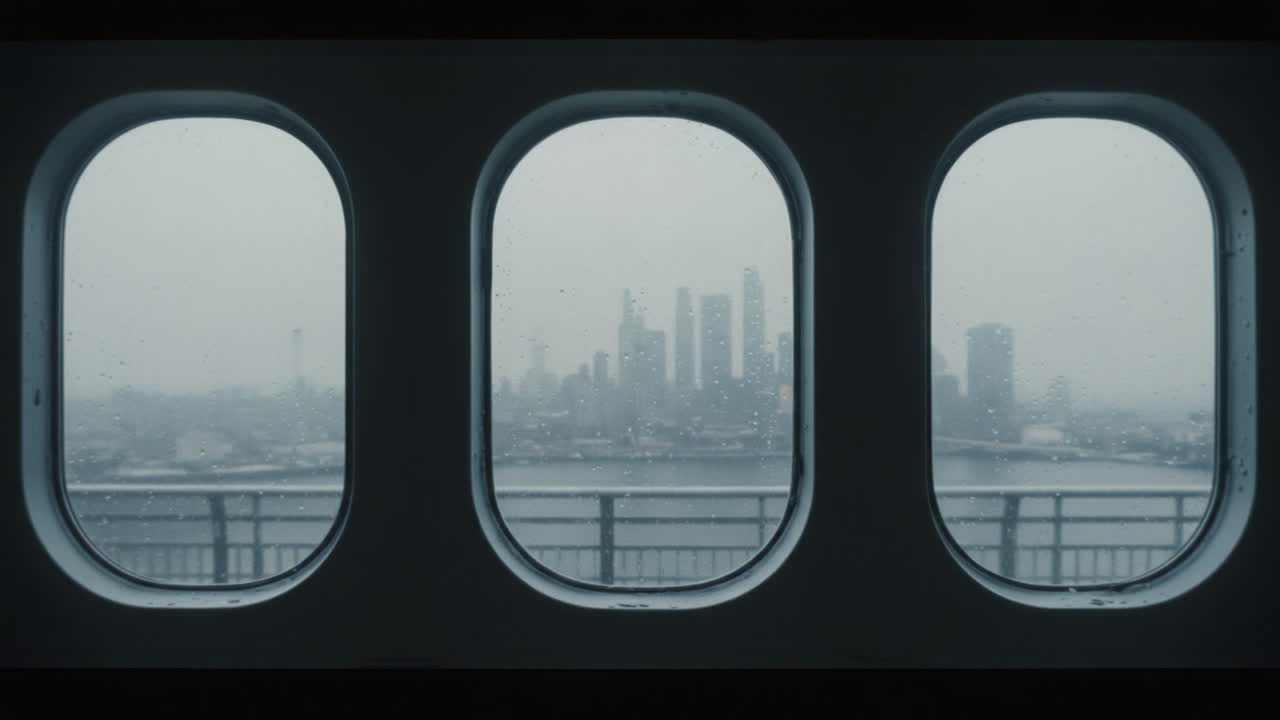 A Tranquil View Through Three Foggy Windows Framing a Distant Cityscape on a Rainy Day, Capturing the Beauty of Urban Landscape Amidst Inclement Weather
