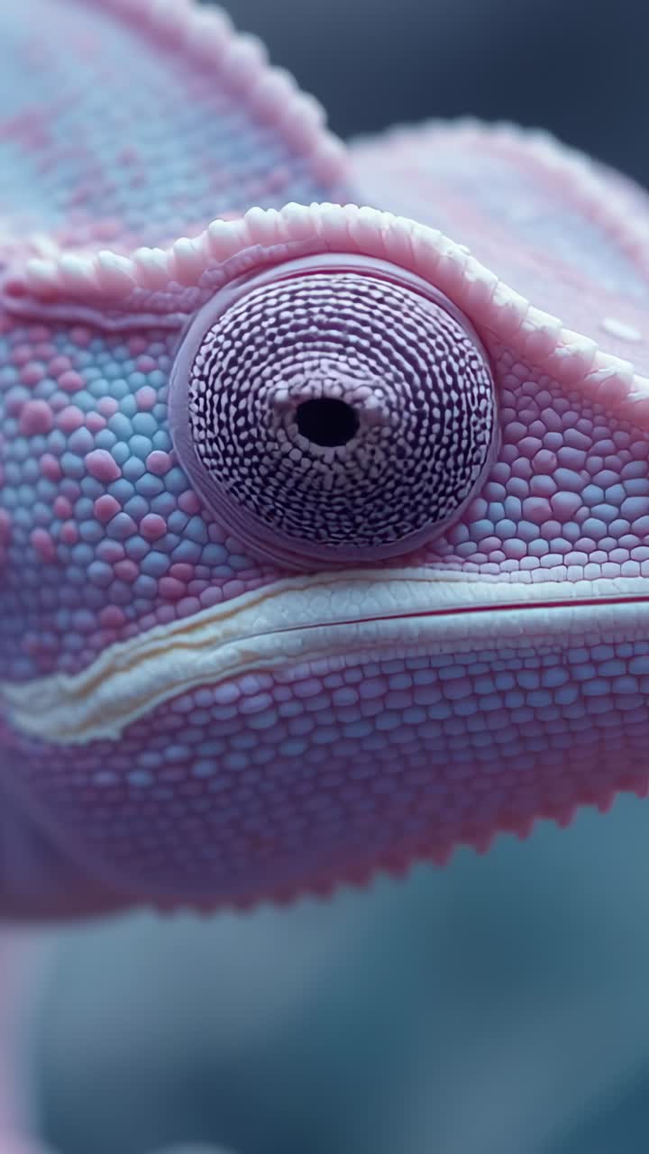 Vertical video: Chameleon eye adjusting pupil for light in macro studio, showing bead-like scales