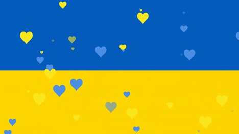 Animation-of-blue-and-yellow-hearts-floating-over-flag-of-ukraine