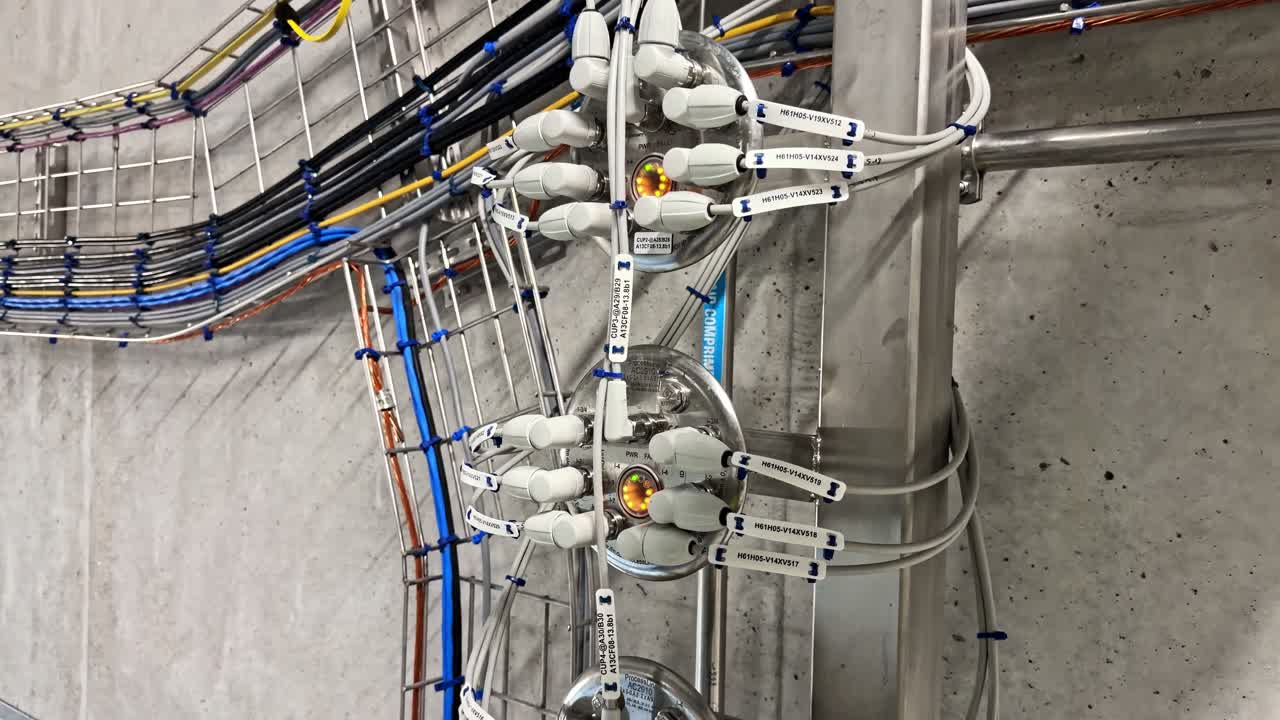 Ampia rete di tubazioni industriali con valvole e sistema di tubi blu ad alta pressione.
