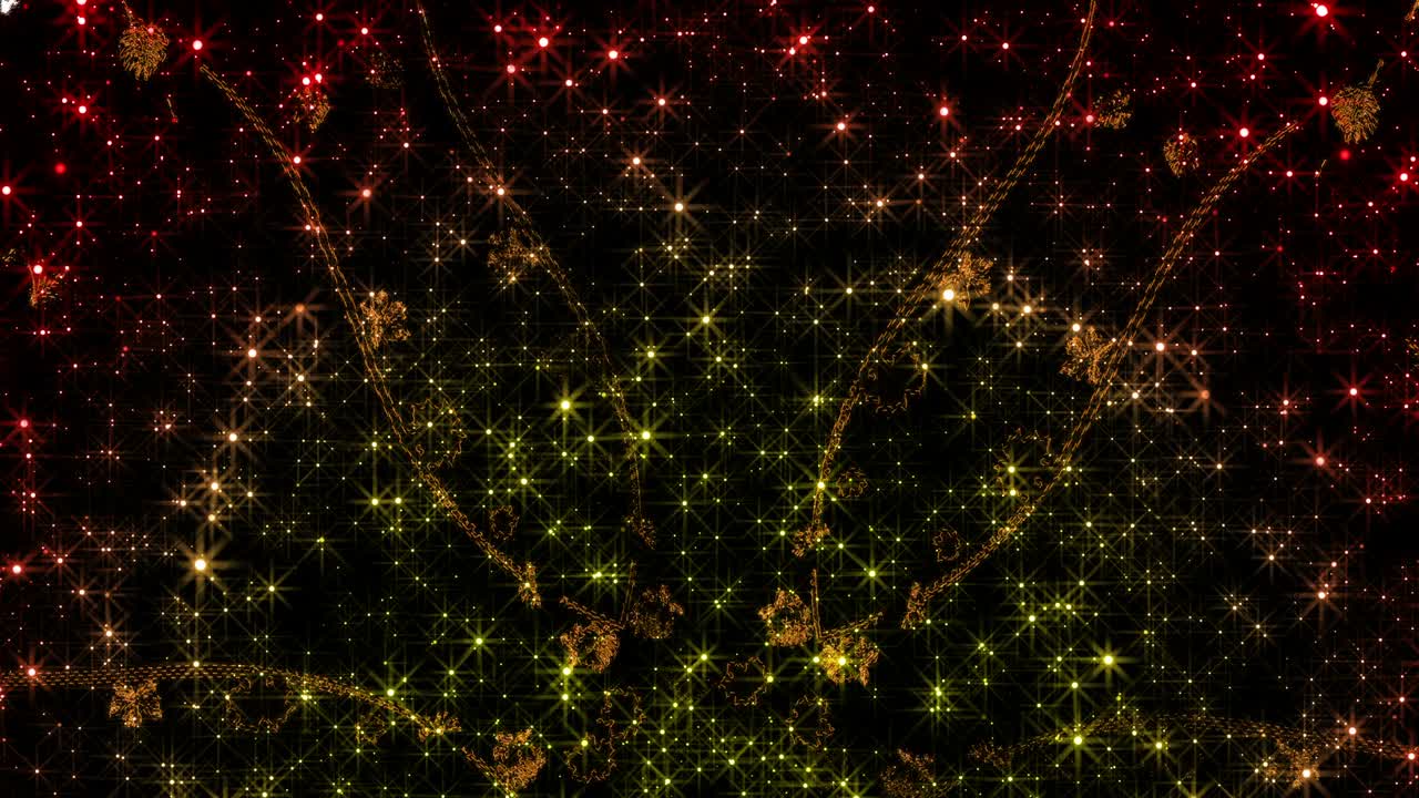 노란색과 빨간색의 가을 잎을 가진 배경. 반이는 입자와 별을 가진 역동적인 추상적인 배경.