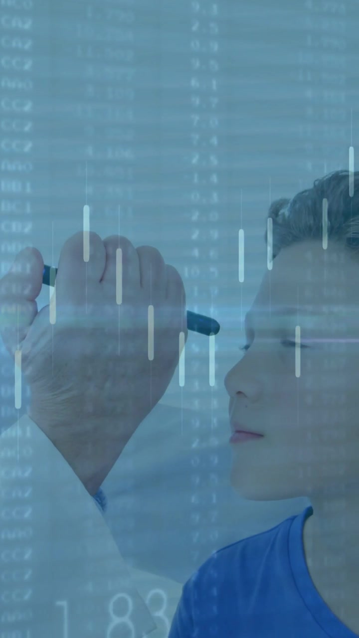 Vertical video: Dr raising marker, marking bars on glass while health data overlay guiding boy