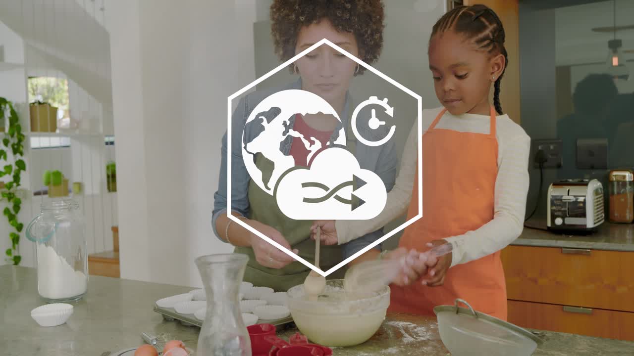 Mom placing bowl girl whisking batter mom filling muffin tray hex icons overlaying scene for baking