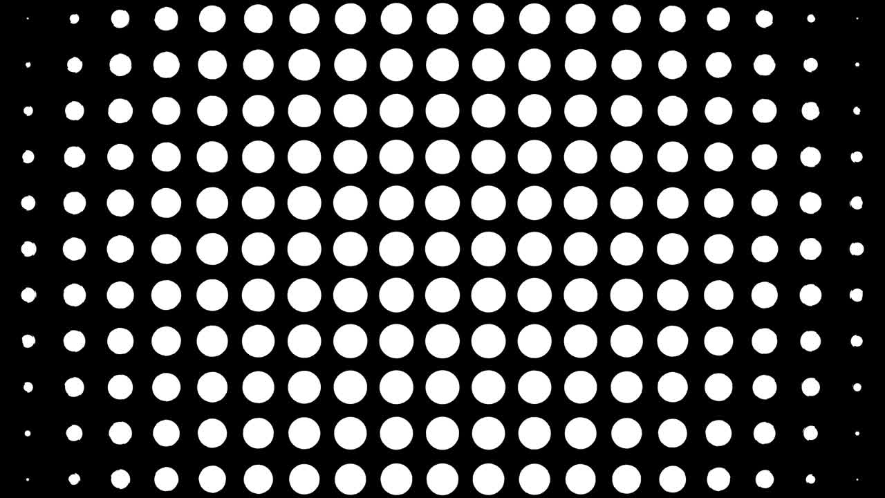 White polka dots against black background. Concentric growing circles seamless loop transition