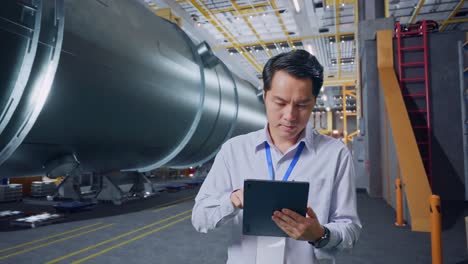 ingeniero que utiliza una tableta en una instalación de fabricación