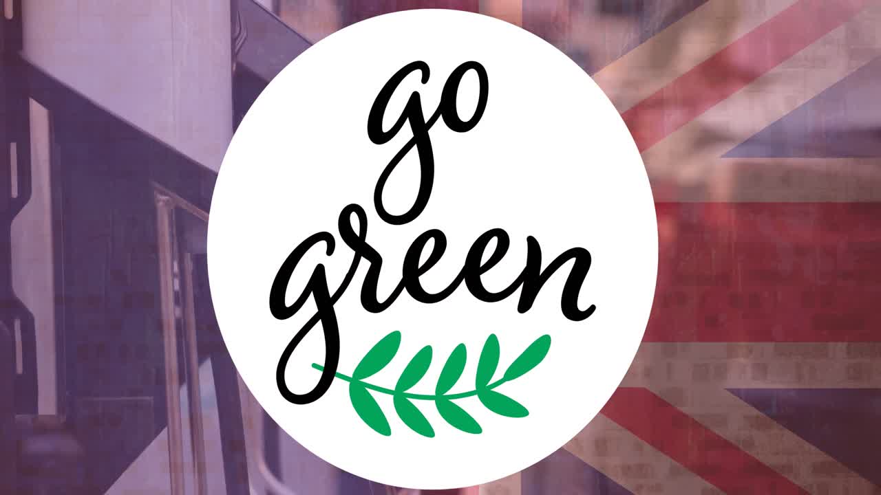 Go green text over flag of great britain and charging electric car