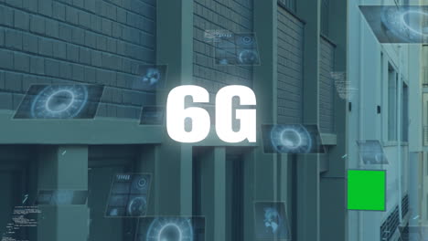 6g 텍스트의 애니메이션, 데이터 처리 및 건물 위의 스크린에서 스캐닝 범위