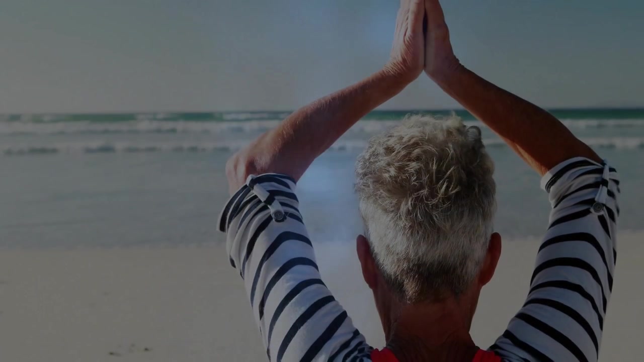 Practicing yoga on beach, person with glowing animation lines overlay
