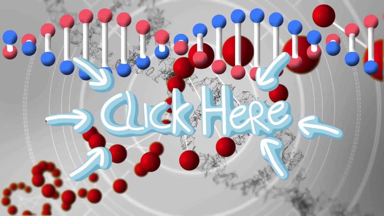Animazione del testo "clicca qui" su punti e particelle che formano eliche di DNA in cerchi rotanti.
