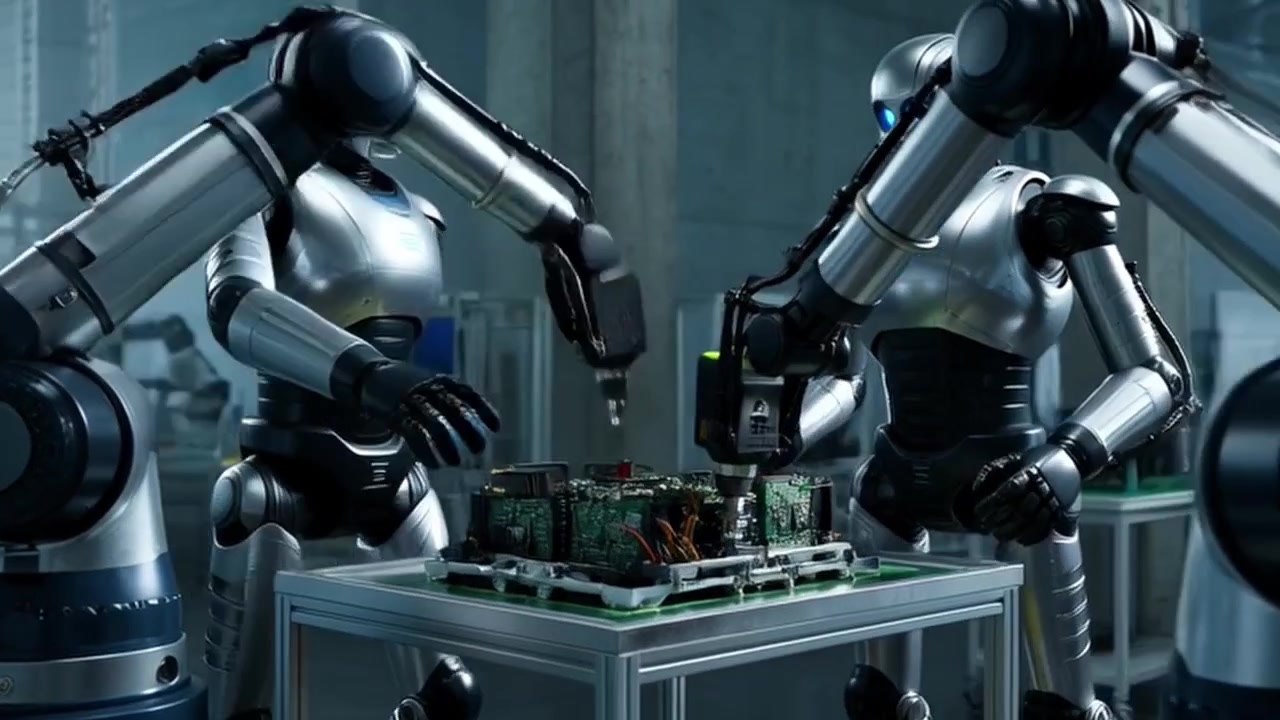 Humanoid Robots Assembling Electronic Components in a Modern Automated Factory