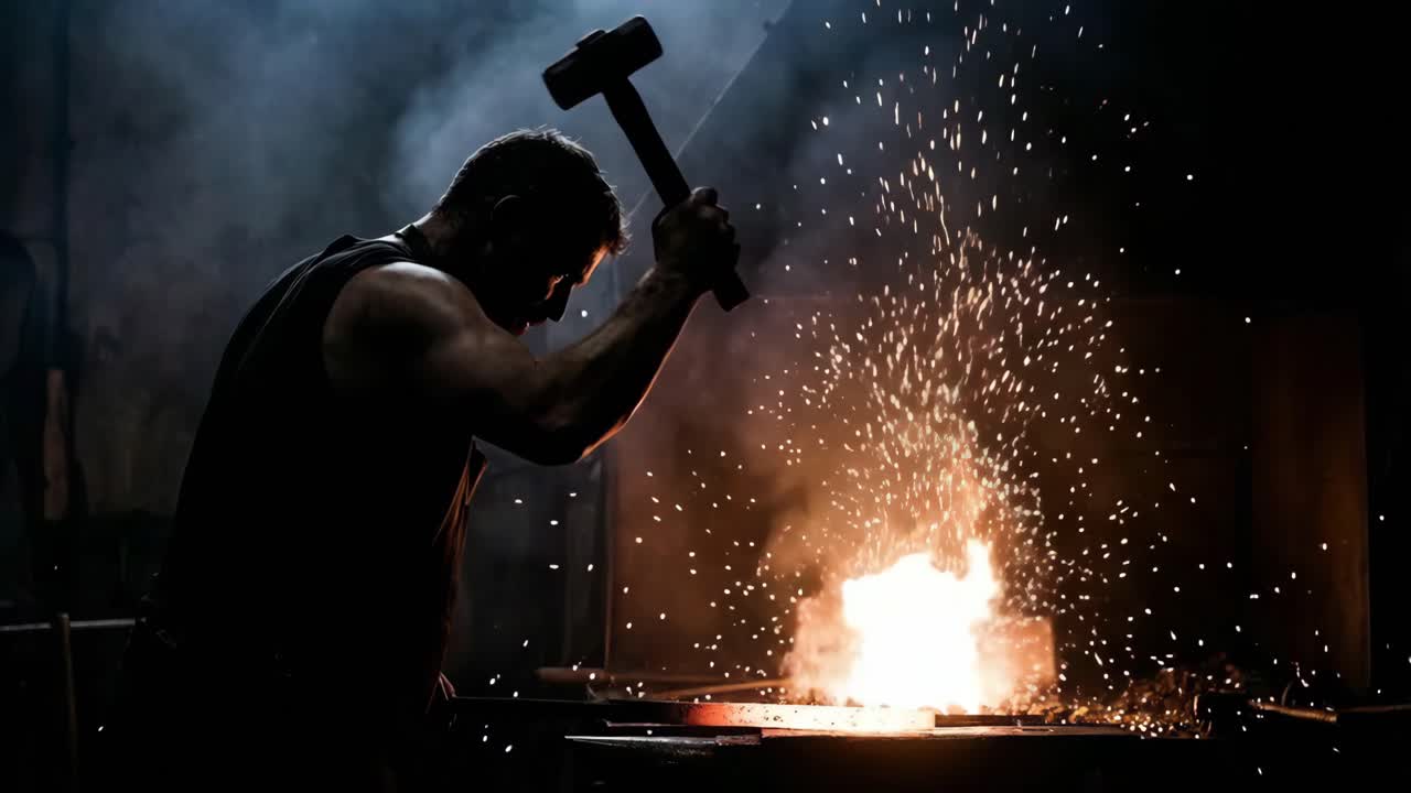 A blacksmith forging metal with sparks flying