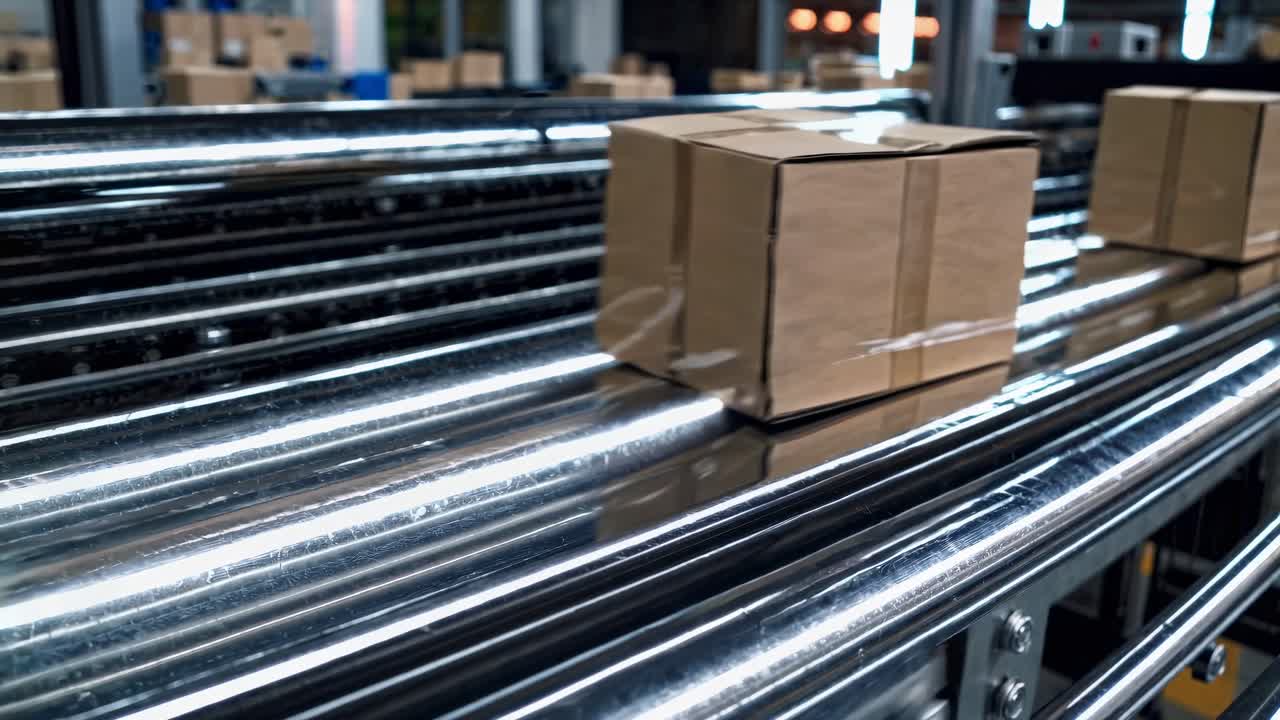 Video of a cardboard box moving along a shiny conveyor belt in a factory setting