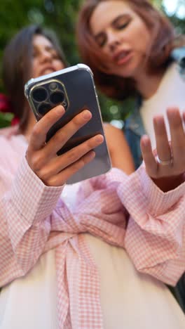 two women looking at a phone outdoors