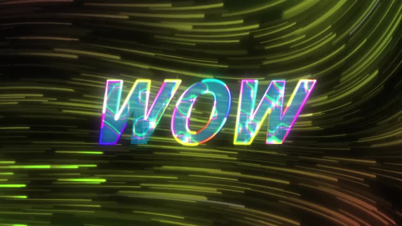 검은색 배경의 빛 트레일 위에 와우 텍스트의 애니메이션
