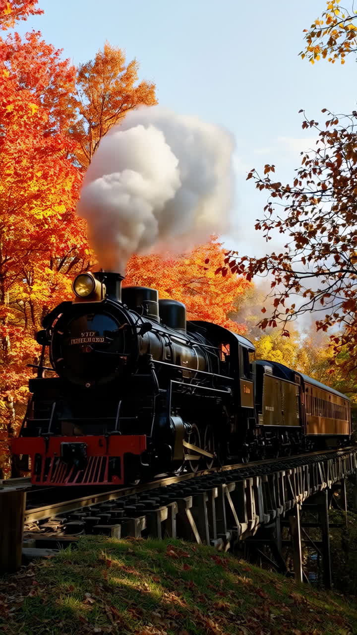 Vintage Steam Train on a Railway Bridge Amidst Autumn Foliage