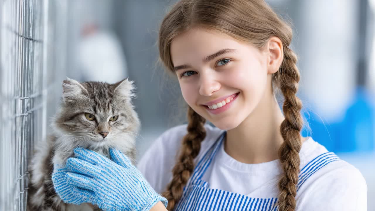 Młoda dziewczyna z radosnym uśmiechem delikatnie trzyma puszystego kota, ukazując więź między ludźmi a zwierzętami w ciepłym, przyjaznym otoczeniu.